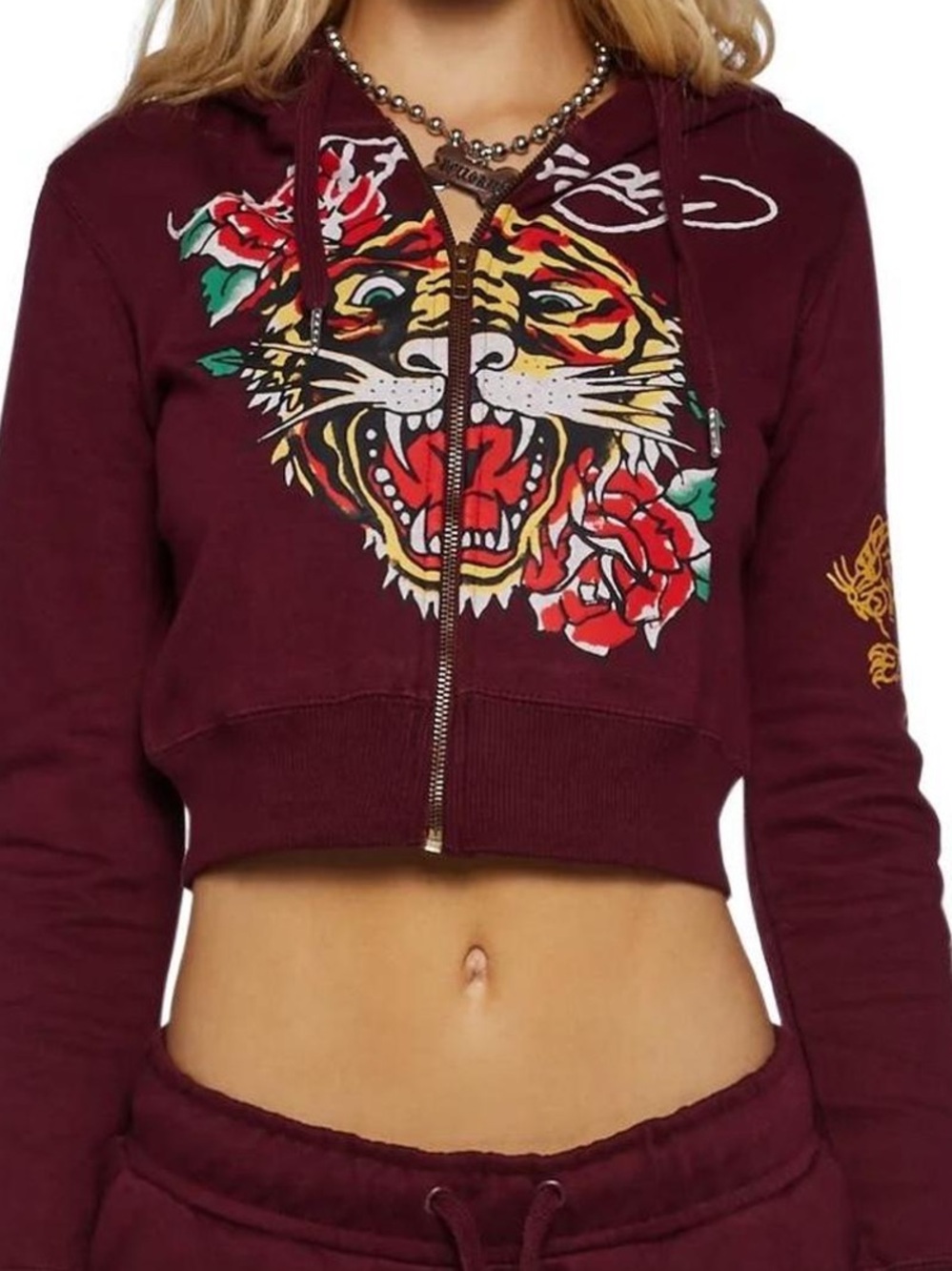 Ed hardy Cropped Burgundy Zip Hoodie with Tiger Graphic - Women sz small euc